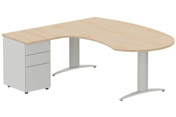 Gamme K2 - Plans compacts - K2 compact 90° manager 190x141x104x60cm sur caisson HB métal 3 tiroirs, plateau hêtre, structure aluminium