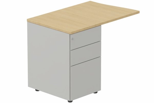 Gamme K1 - Extensions - Plans vagues - K1- Retour direct vague 90x60 sur caisson HB métal 3 tiroirs à gauche -Finitions : PLATEAUX: CHENE (CE) / PIETEMENTS: ALUMINIUM (AL)