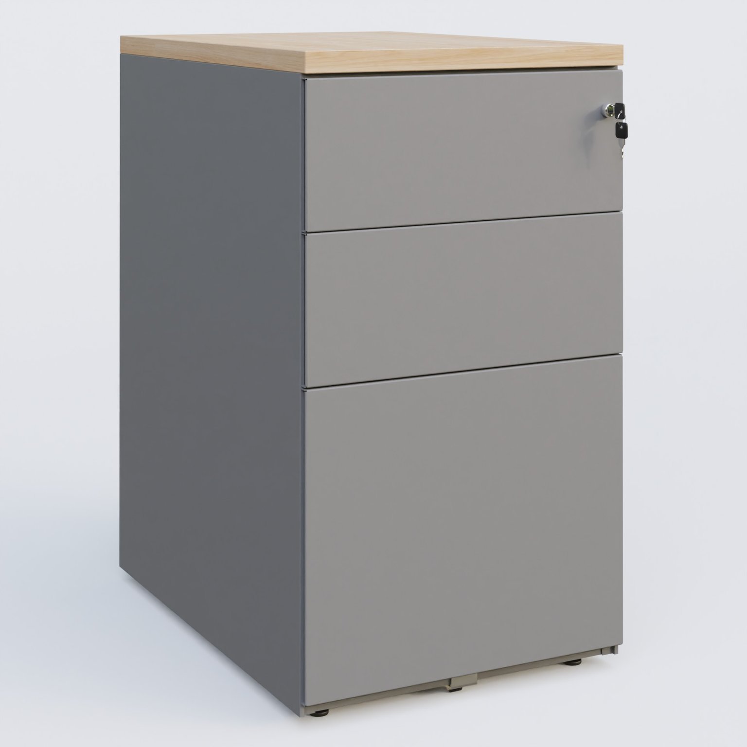 Caisson hauteur de bureau métalique 3 tiroirs avec top de finition, profondeur 60cm. Plateau Hêtre et caisson Aluminium.