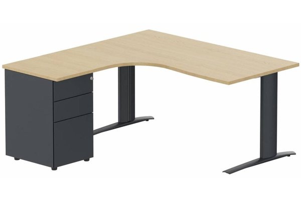 Gamme K1 - Plans compacts - k1 Poutre - Plan compact 90° asymétrique 160x162x80 / 60cm avec caisson HB métal 3 tiroirs - retour à gauche - -Finitions = Plateau et top de finition : Chêne (CE) / Piétements: anthracite / Caisson : anthracite