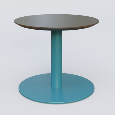 [Pas de famille] - [Pas de sous famille] - Table Basse Fashion Styl piètement colonne en métal et plateau bois. Plateau Chêne Moka et pietement Bleu Petrole (RAL 5025).