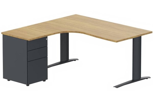 Gamme K1 - Plans compacts - K1 POUTRE Compact 90° asymétrique 160x162x80/60cm retour à gauche avec caisson HB métal 3 tiroirs noyer /anthracite