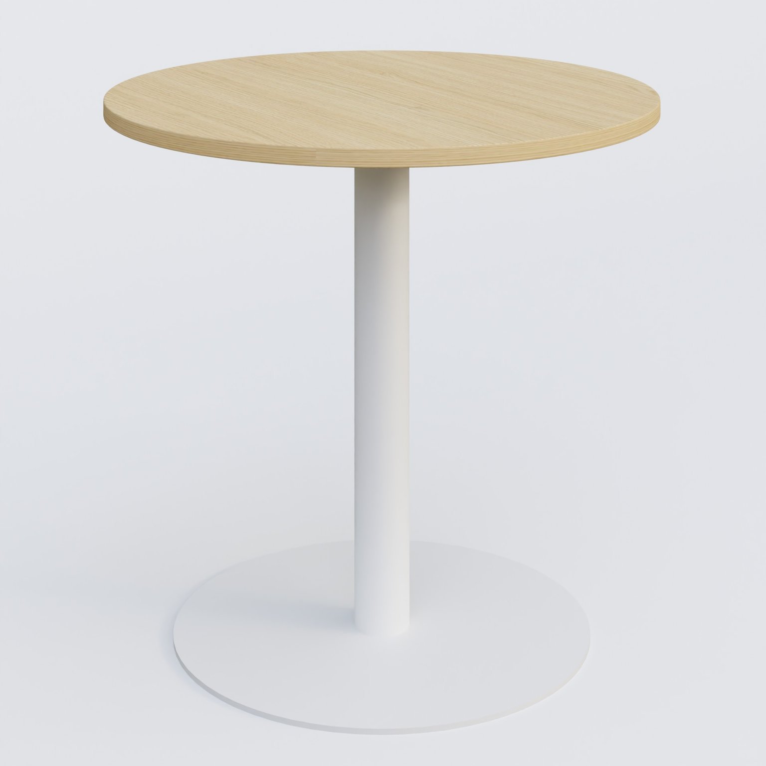 Table de réunion pietement colonne plateau D 80 cm. Plateau Acacia et pietement Blanc.