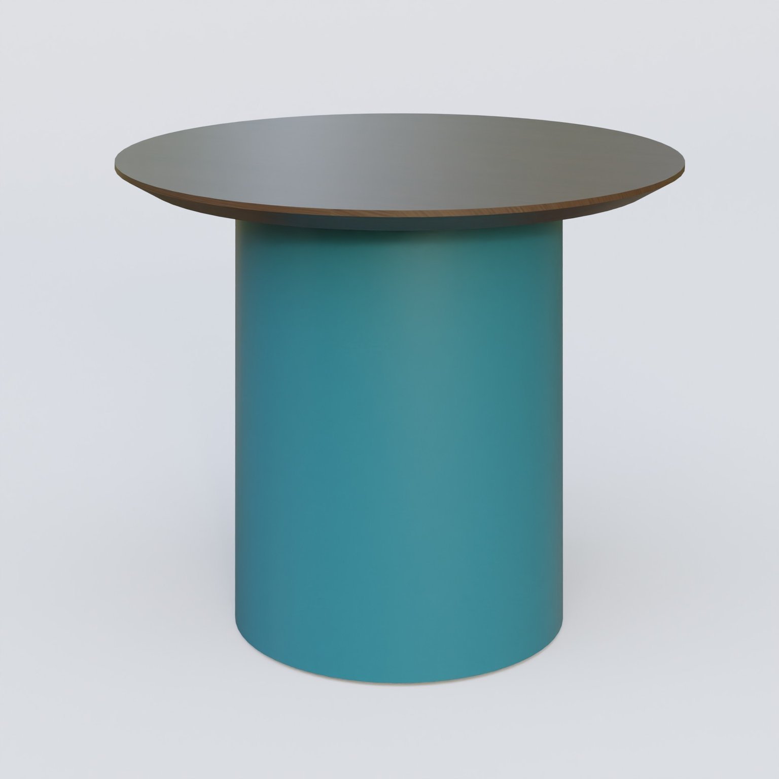 Table Basse Fashion Styl piètement colonne en métal D-26cm et plateau bois. Plateau Chêne Moka et pietement Bleu Petrole (RAL 5025).