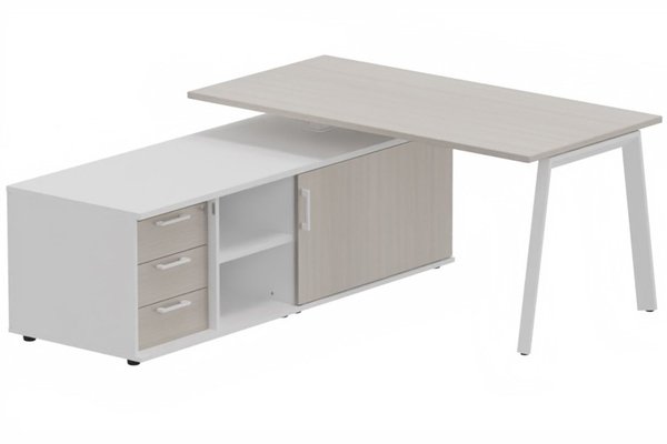 Gamme K8 - Plans droits - K8 Plan 200x100 avec meuble porteur (L180xP64) avec caisson 3T intégré - meuble à gauche -Finitions = Plateau : acacia /Piétement :Blanc (BL) / Corps du meuble : Blanc (BL) /Façade : acacia