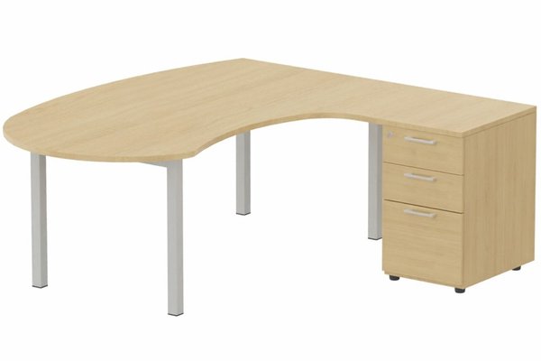 Gamme K3 - Plans compacts - K3- Plan compact 90° asymétrique Manager 190x183x104/60cm avec caisson HB bois 3 tiroirs - retour à droite -Finitions = Plateau et top de finition : Chêne (CE) /Piétements :Aluminium (AL) /Caisson :Chêne (CE)
