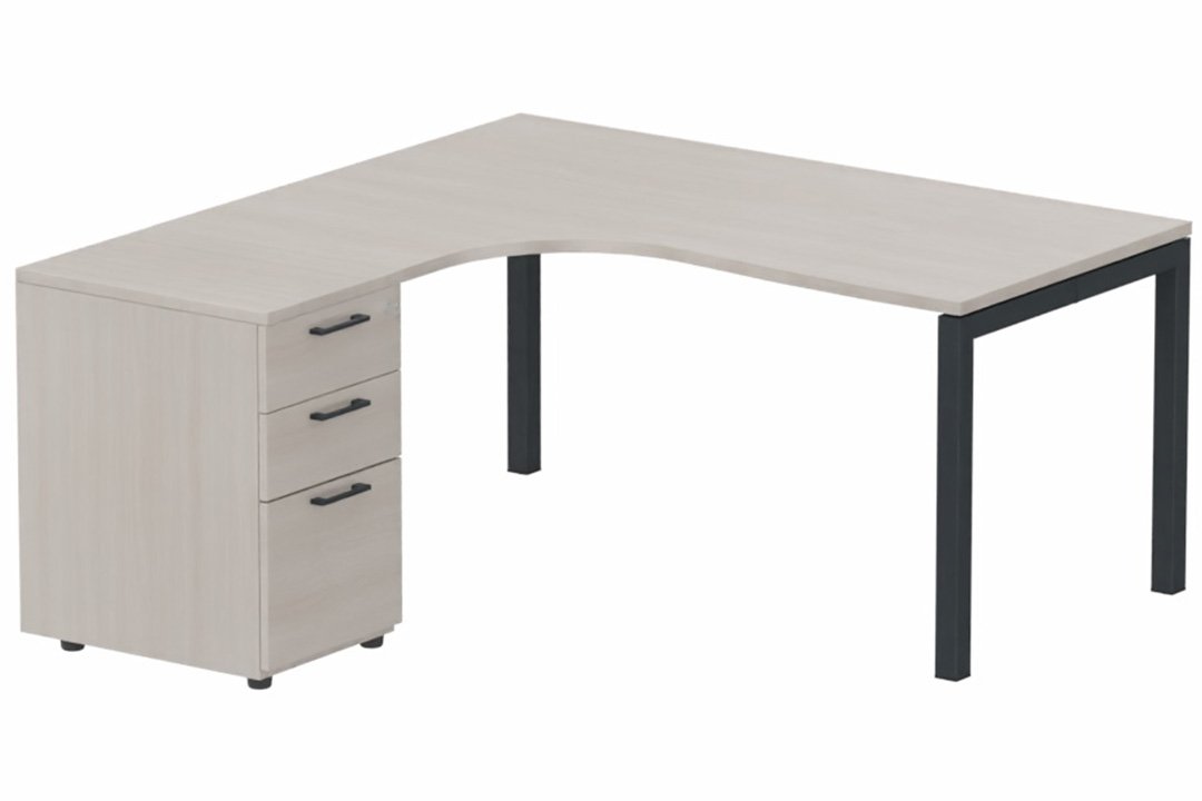 Plan Compact 90° asymétrique 160x162x80/60cm retour à gauche avec caisson HB bois 3 tiroirs, acacia/anthracite