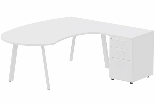 Gamme K8 - Plans compacts - Plan compact 90° manager sur caisson HB bois 190 x 141 x 104 x 60 cm, 3 tiroirs, plateau blanc, structure blanc