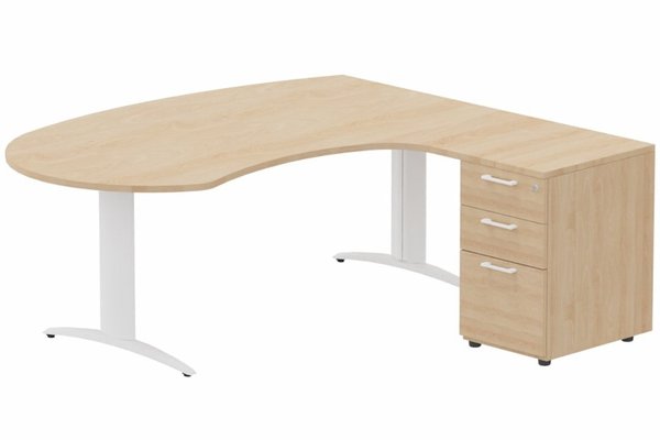 Gamme K2 - Plans compacts - K2 compact 90° manager 190x141x104x60cm sur caisson HB mélamine 3 tiroirs, plateau hêtre, structure blanc