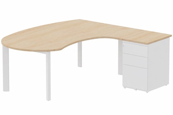Gamme K7 - Plans compacts - K7 compact 90° manager 190x141x104x60cm sur caisson HB métal 3 tiroirs, plateau hêtre, structure blanc