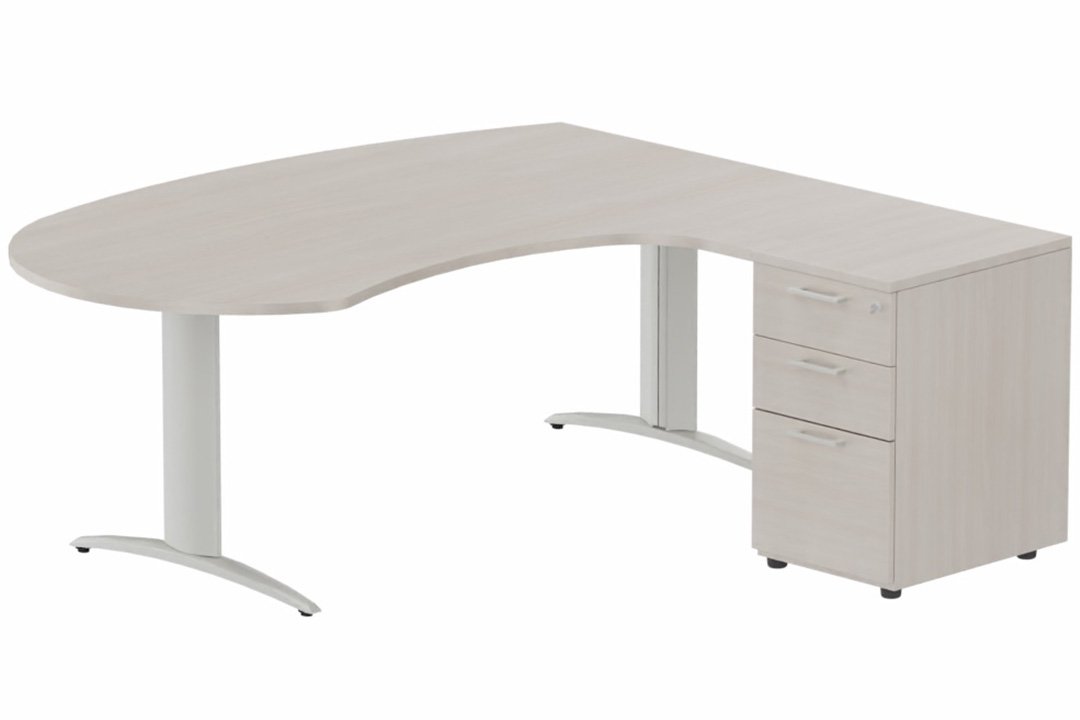 K2 compact 90° manager 190x141x104x60cm sur caisson HB mélamine 3 tiroirs, plateau acacia, structure aluminium