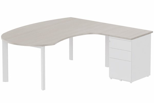 Gamme K7 - Plans compacts - K7 compact 90° manager 190x141x104x60cm sur caisson HB métal 3 tiroirs, plateau acacia, structure blanc
