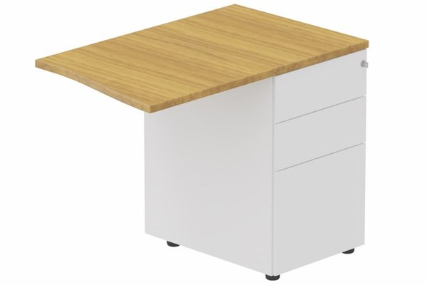 Gamme K1 - Extensions - Plans vagues - K1 Retour direct vague 90x60 sur caisson HB métal 3 tiroirs à droite -Finitions : PLATEAUX: NOYER (NO) / CAISSONS METALLIQUES: BLANC (BL)