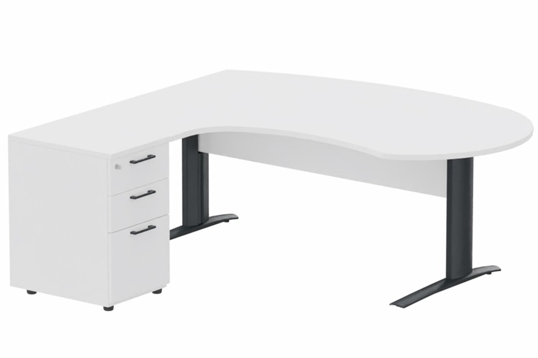 K1 VDF bois compact 90° manager 190x141x104x60cm sur caisson HB mélamine 3 tiroirs, plateau blanc, structure anthracite