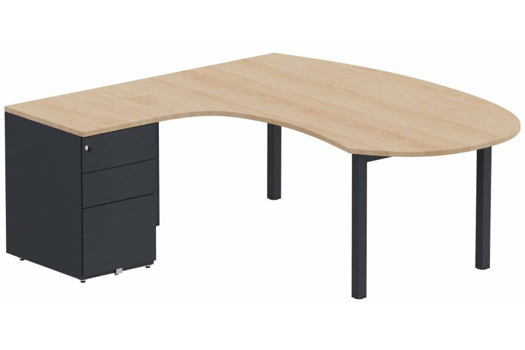 K3 compact 90° manager 190x141x104x60cm sur caisson HB métal 3 tiroirs, plateau hêtre, structure anthracite