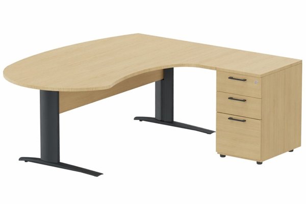 Gamme K1 - Plans compacts - K1 Voile de fond Bois -Plan compact 90° asymétrique Manager 190x183x104/60cm avec caisson HB bois 3 tiroirs - retour à droite -Finitions : PLATEAUX: CHENE (CE) / PIETEMENTS: ANTHRACITE (AN) / CAISSONS MELAMINE: CHENE (CE)
