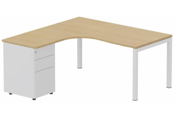 Gamme K3 - Plans compacts - K3- Plan compact 90° asymétrique 180x162x80/60cm avec caisson HB métal 3 tiroirs - retour à gauche Finitions- Plateau et top caisson : Chêne (CE) / Piétements et caisson :Blanc (BL)