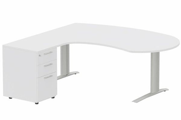 Gamme K1 - Plans compacts - K1 POUTRE compact 90° manager 190x141x104x60cm sur caisson HB mélamine 3 tiroirs, plateau blanc, structure aluminium