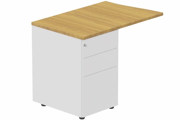 Gamme K1 - Extensions - Plans vagues - K1- Retour direct vague 90x60 sur caisson HB métal 3 tiroirs à gauche -Finitions : PLATEAUX: NOYER (NO) / PIETEMENTS: BLANC (BL)