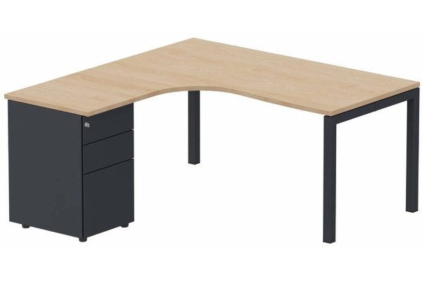 Gamme K3 - Plans compacts - Plan Compact 90° asymétrique 180x162x80/60cm retour à gauche avec caisson HB métal 3 tiroirs hêtre/anthracite
