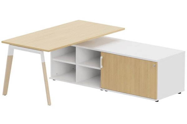 Gamme K8 Wood - Plans droits - K8Wood Plan 180x80 avec meuble porteur (L180xP64) sans caisson - meuble à droite -Finitions = Plateau: chêne /Piétement : Blanc / bois (BW) / Corps d'armoire: Blanc (BL)/ Façade :chêne