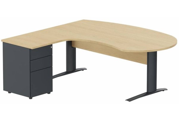 Gamme K1 - Plans compacts - K1 Voile de fond Bois- Plan compact 90° asymétrique Manager 190x183x104/60cm avec caisson HB métal 3 tiroirs - retour à gauche -Finitions : PLATEAUX: CHENE (CE) / PIETEMENTS: ANTHRACITE (AN) / CAISSONS METALLIQUES: ANTHRACITE (AN)