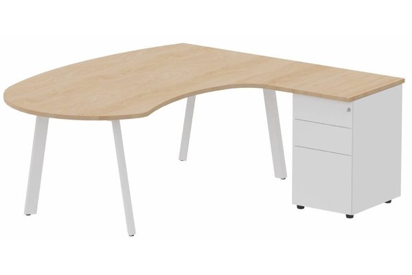 Gamme K8 - Plans compacts - Plan compact 90° manager sur caisson HB métal 190 x 141 x 104 x 60 cm, 3 tiroirs, plateau hêtre, structure blanc