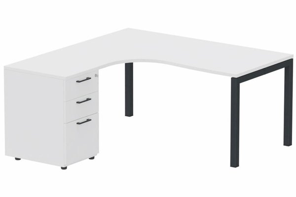 Gamme K3 - Plans compacts - K3 Compact 90° asymétrique 160x162x80/60cm retour à gauche avec caisson HB bois 3 tiroirs blanc/Anthracite