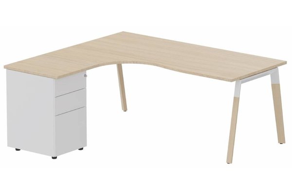 Gamme K8 Wood - Plans compacts  - K8Wood Plan compact 90° asymétrique 160x162x80/60cm avec caisson HB métal 3 tiroirs - retour à gauche - plateau chêne, piétement blanc / bois