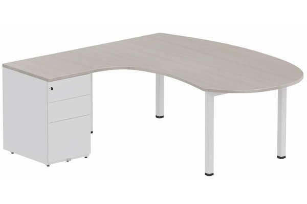 Gamme K3 - Plans compacts - K3 compact 90° manager 190x141x104x60cm sur caisson HB métal 3 tiroirs, plateau acacia, structure blanc