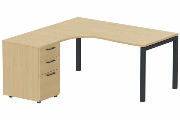 Gamme K3 - Plans compacts - K3- Plan compact 90° asymétrique 160x162x80/60cm avec caisson HB bois 3 tiroirs - retour à gauche -Finitions = Plateau et top de finition : Chêne (CE) /Piétements : anthracite /Caisson :Chêne (CE)