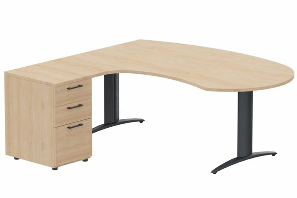 Gamme K2 - Plans compacts - K2 compact 90° manager 190x141x104x60cm sur caisson HB mélamine 3 tiroirs, plateau hêtre, structure anthracite