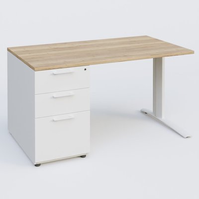 [Pas de famille] - [Pas de sous famille] - K1 Plateau droit 140x80 avec caisson porteur sous plateau mélamine à gauche. Plateau Chêne naturel et pietement Blanc
