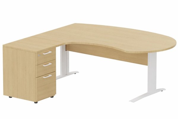 Gamme K1 - Plans compacts - K1 Voile de fond Bois - Plan compact 90° asymétrique Manager 190x183x104/60cm avec caisson HB bois 3 tiroirs - retour à gauche