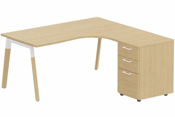 Gamme K8 Wood - Plans compacts  - K8Wood Plan compact 90° asymétrique 180x162x80/60cm avec caisson HB bois 3 tiroirs - retour à droite -Finitions = Plateau et top de finition : chêne /Piétements : Blanc / bois (BW) / Caisson: chêne
