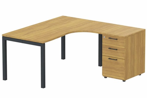 Gamme K3 - Plans compacts - K3 Compact 90° asymétrique 180x162x80/60cm retour à droite avec caisson HB bois 3 tiroirs, plateau noyer, structure anthracite
