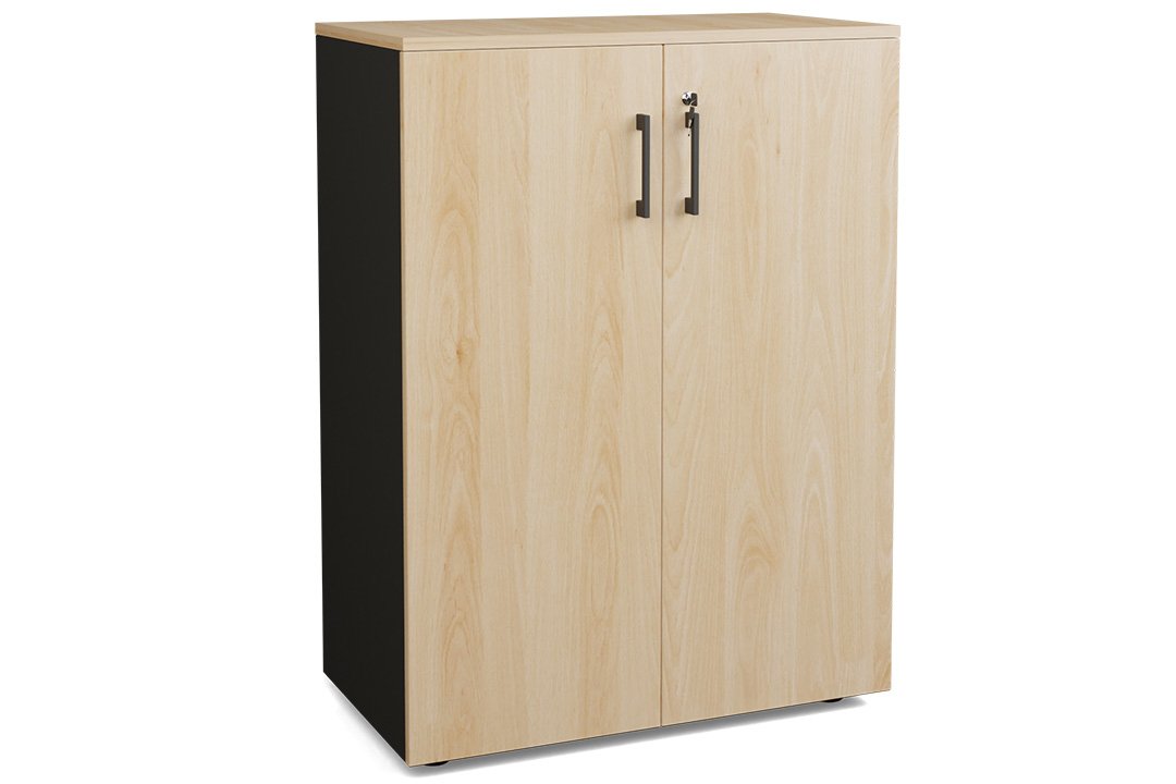 Armoire mélamine H102XL100 cm portes bois, Finitions= Top de finition : hêtre / Corps d'armoire et tablettes : noir / Façade : hêtre / Poignées noires