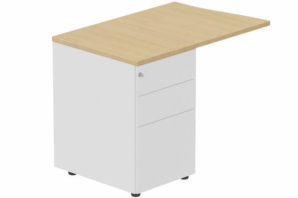 Gamme K3 - Extensions - Plans vagues - K3- Retour direct vague 90x60 sur caisson HB métal 3 tiroirs à gauche - Finitions- Plateau et top caisson : Chêne (CE) / Piétements et caisson :Blanc (BL)