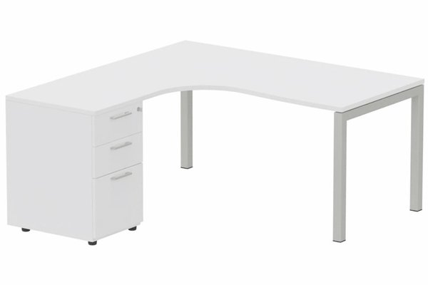 Gamme K3 - Plans compacts - Plan Compact 90° asymétrique 180x162x80/60cm retour à gauche avec caisson HB bois 3 tiroirs blanc/aluminium - sur délai