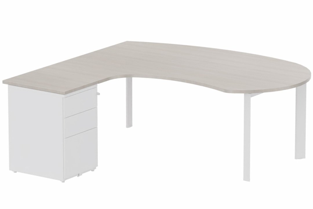 K7 compact 90° manager 190x141x104x60cm sur caisson HB métal 3 tiroirs, plateau acacia, structure blanc