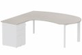 K7 compact 90° manager 190x141x104x60cm sur caisson HB métal 3 tiroirs, plateau acacia, structure blanc