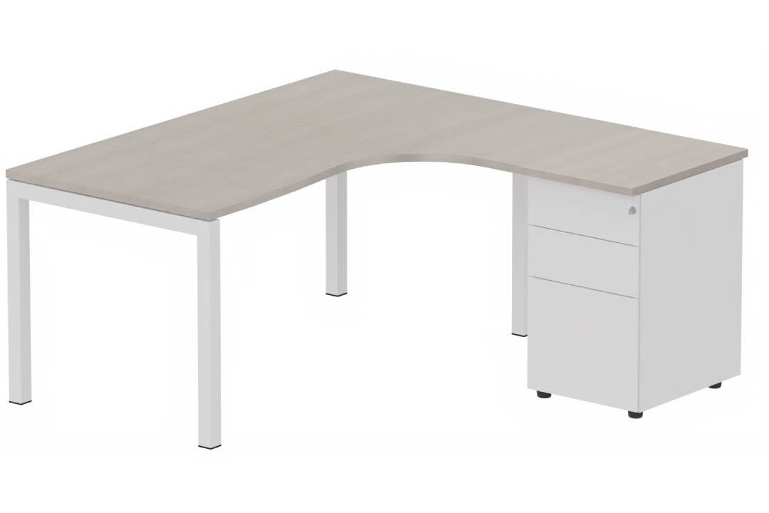 Plan Compact 90° asymétrique 160x162x80/60cm retour à droite avec caisson HB métal 3 tiroirs, acacia/blanc