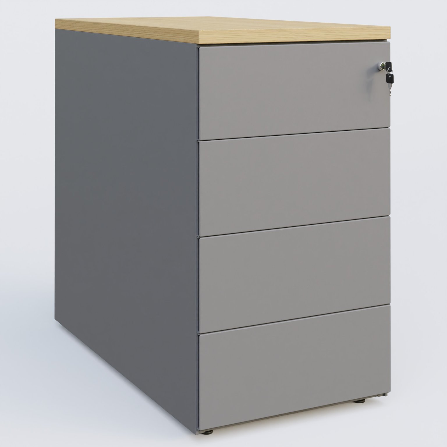Caisson hauteur de bureau métalique 4 tiroirs avec top de finition, profondeur 60cm. Plateau Chêne clair et caisson Aluminium.