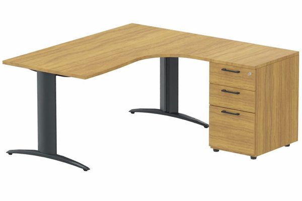 Gamme K2 - Plans compacts - K2 Compact 90° asymétrique 160x162x80/60cm retour à droite avec caisson HB bois 3 tiroirs noyer /anthracite