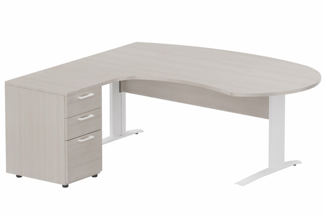 K1 VDF bois compact 90° manager 190x141x104x60cm sur caisson HB mélamine 3 tiroirs, plateau acacia, structure blanc