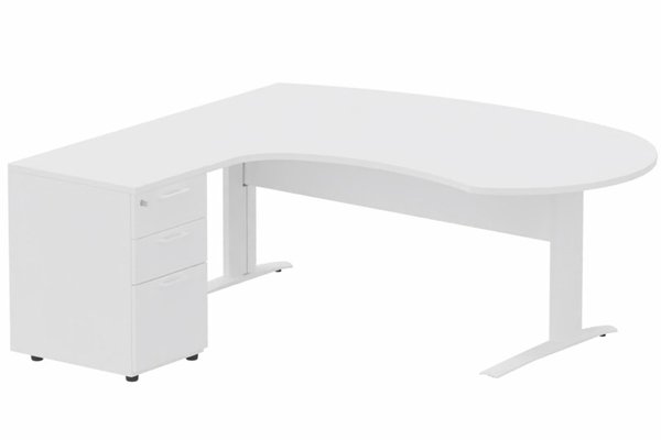 Gamme K1 - Plans compacts - K1 VDF métal compact 90° manager 190x141x104x60cm sur caisson HB mélamine 3 tiroirs, plateau blanc, structure blanc