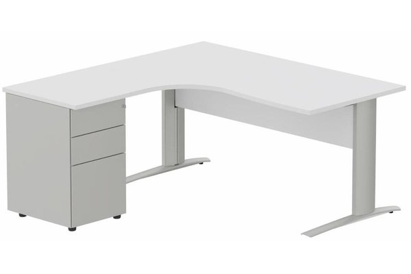 Gamme K1 - Plans compacts - K1 VDF BOIS Compact 90° asymétrique 180x162x80/60cm retour à gauche avec caisson HB métal 3 tiroirs blanc/aluminium - sur d