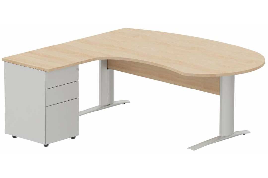 K1 VDF bois compact 90° manager 190x141x104x60cm sur caisson HB métal 3 tiroirs, plateau hêtre, structure aluminium