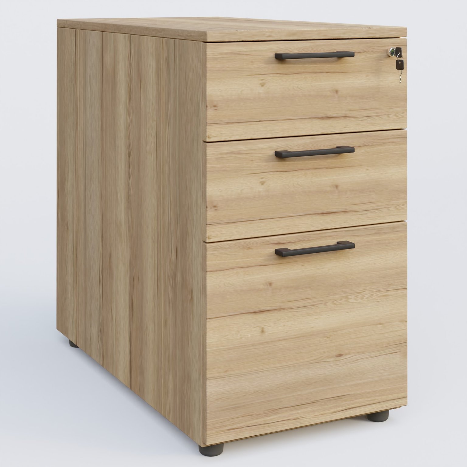 Caisson hauteur de bureau mélamine 3 tiroirs, profondeur 80cm. Caisson Chêne naturel et poignets Noir.