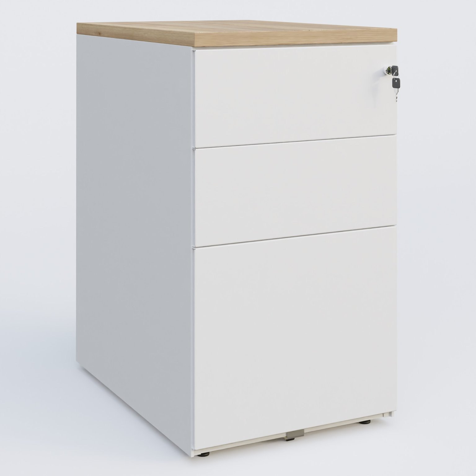 Caisson hauteur de bureau métalique 3 tiroirs avec top de finition, profondeur 60cm. Plateau Chêne naturel et caisson Blanc.